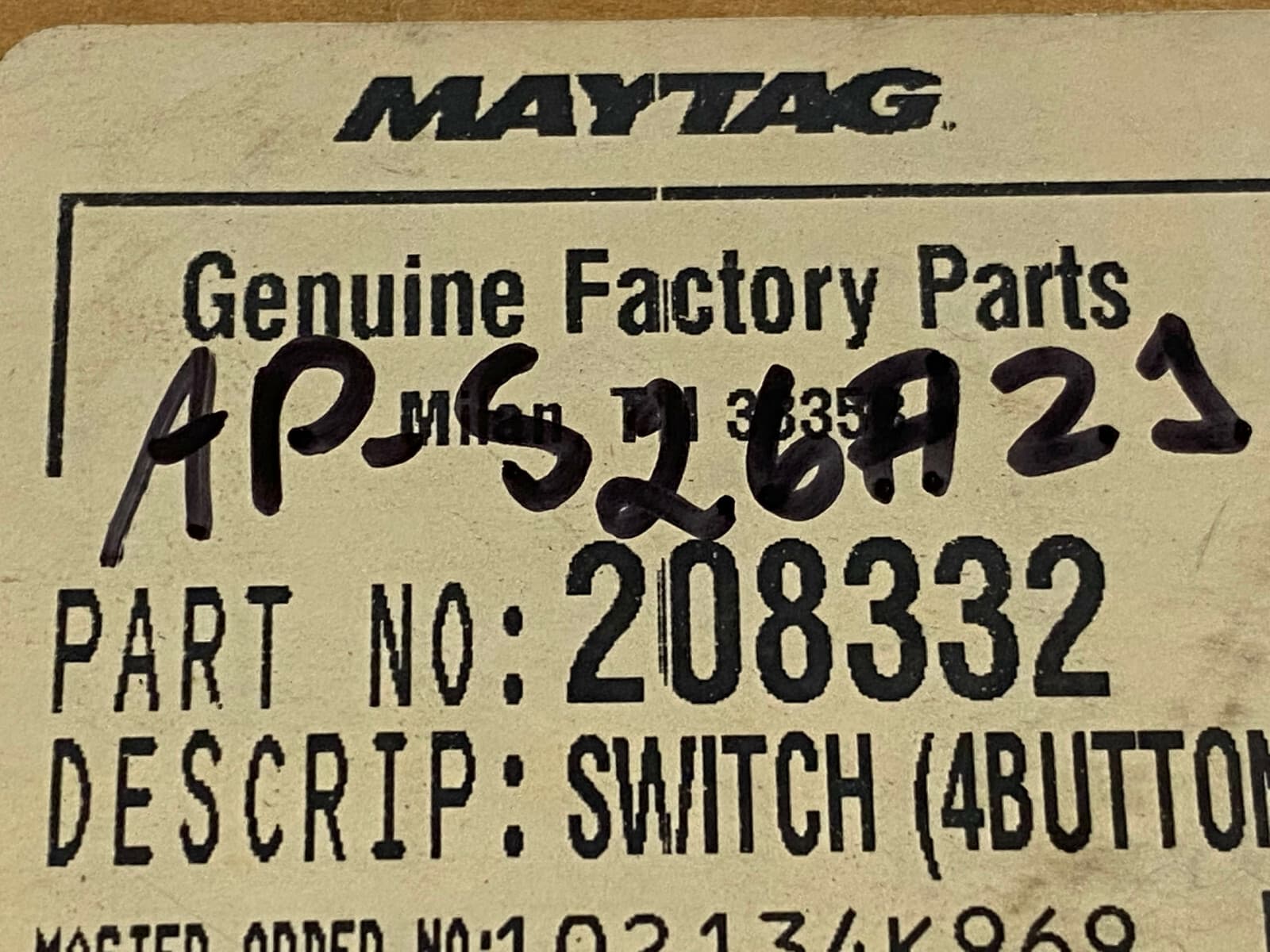New Genuine  MAYTAG Switch (4BUTTON) 208332 — thumbnail 5